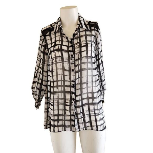 alyx small womens button ip black white plaid button up collared blouse - Picture 1 of 5